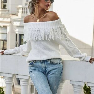 Off Shoulder Fringe Trim Sweater